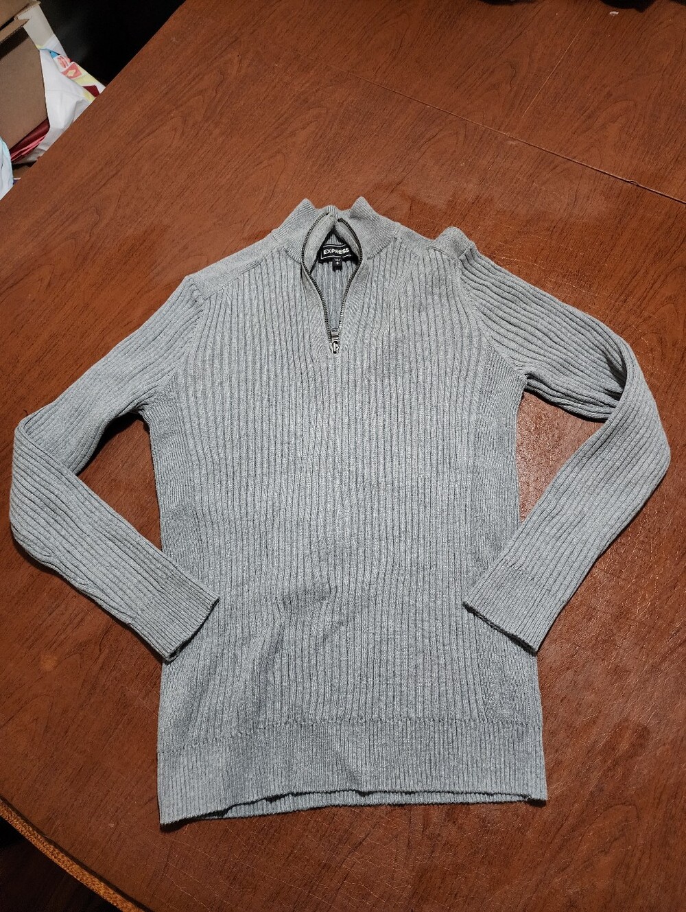 Express Light Gray Ribbed Zip-Neck Sweater for Men